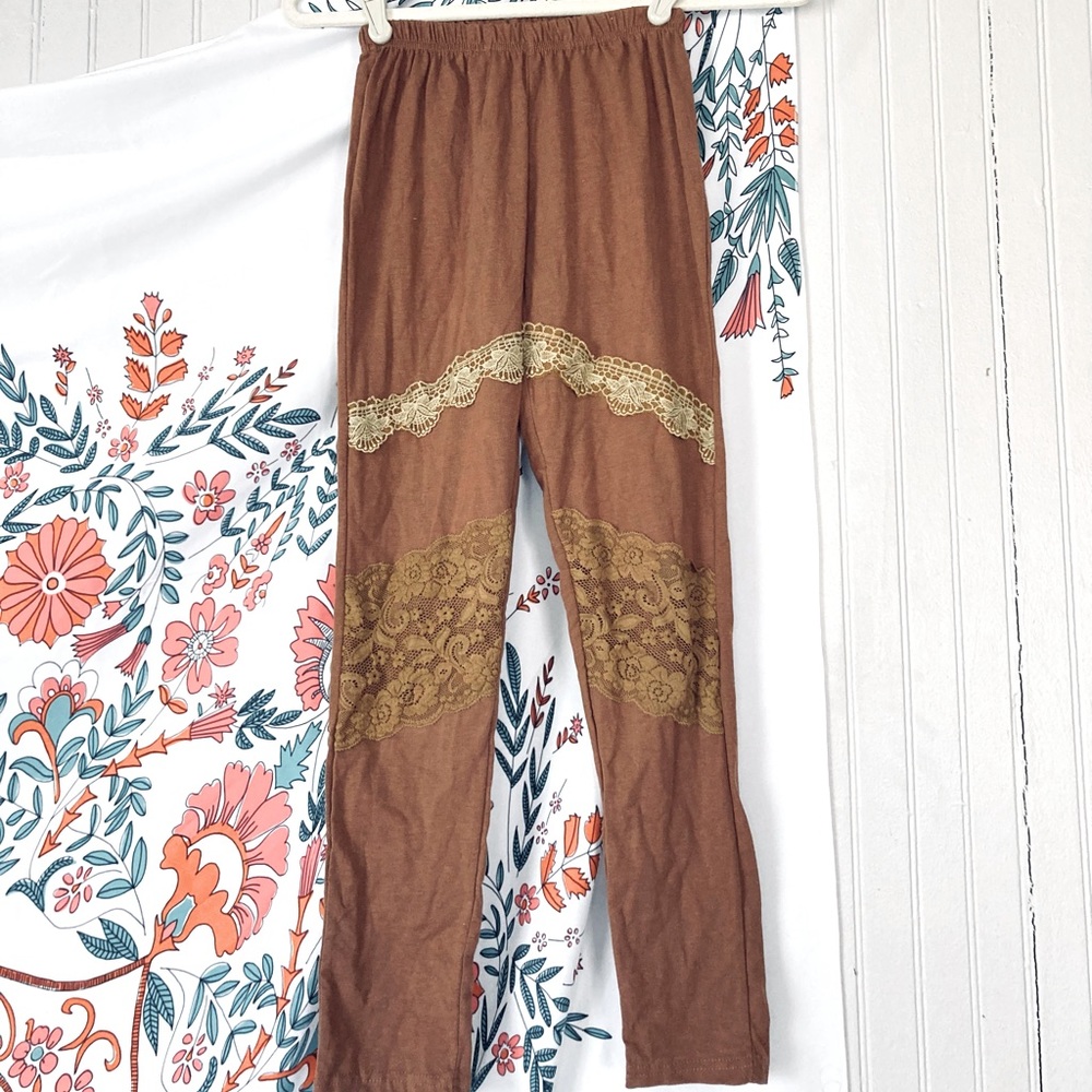 Lace Trimmed Rust Tan Leggings Women SM Boho Cottagecore Faerie Steampunk Pants